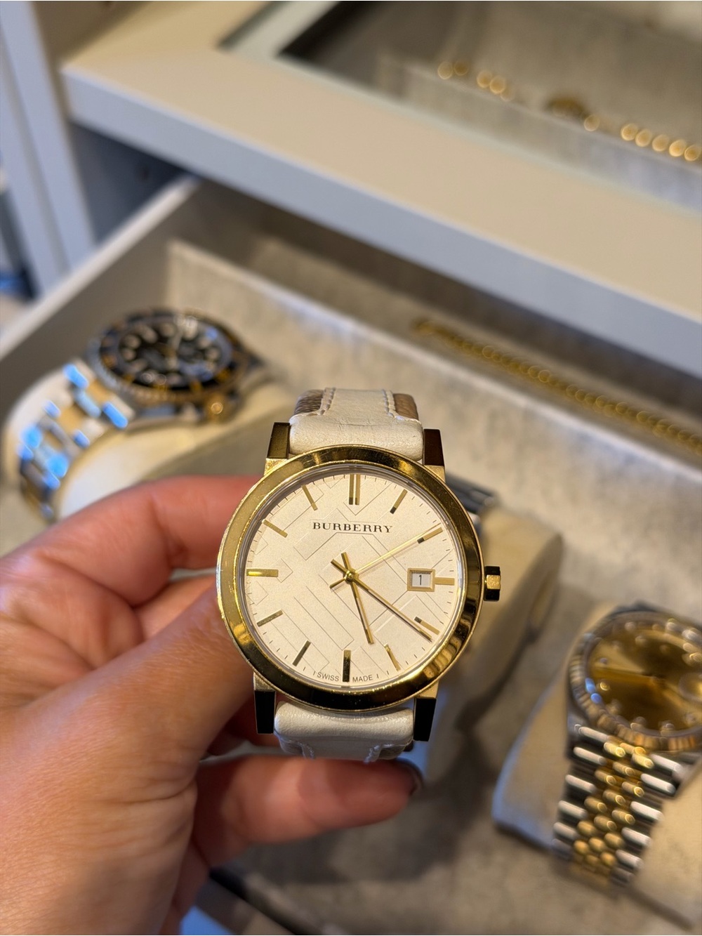 Burberry Men’s Cream Leather Gold-Tone Dial Watch